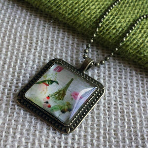 Paris France Eiffel Tower Flowers Square Antiqued Brass Glass 27" Long Necklace